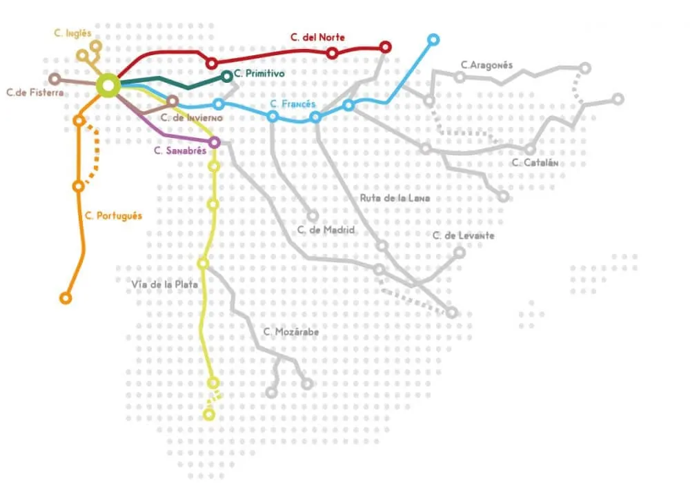 Kaart van alle routes naar Santiago de Compostela