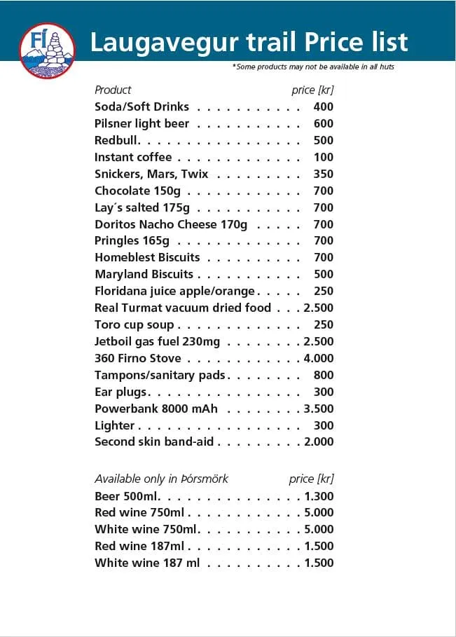 Laugavegur Trail Huts' Price List
