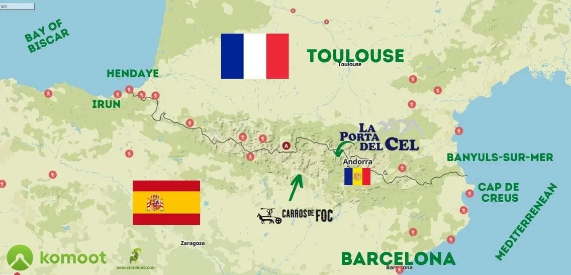 Kaart voor huttentochten in de Pyreneeën