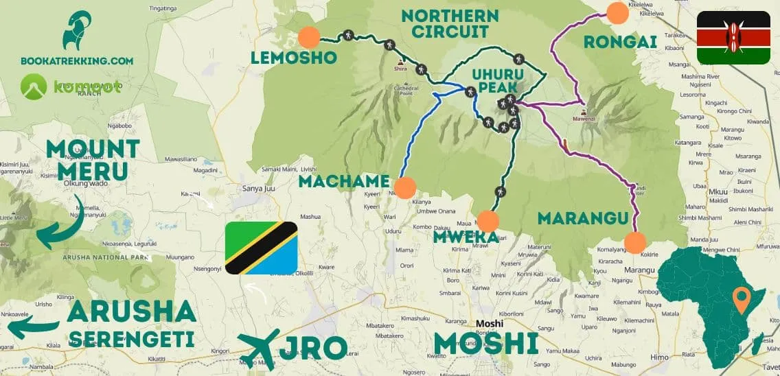 Rutas del Kilimanjaro en el mapa